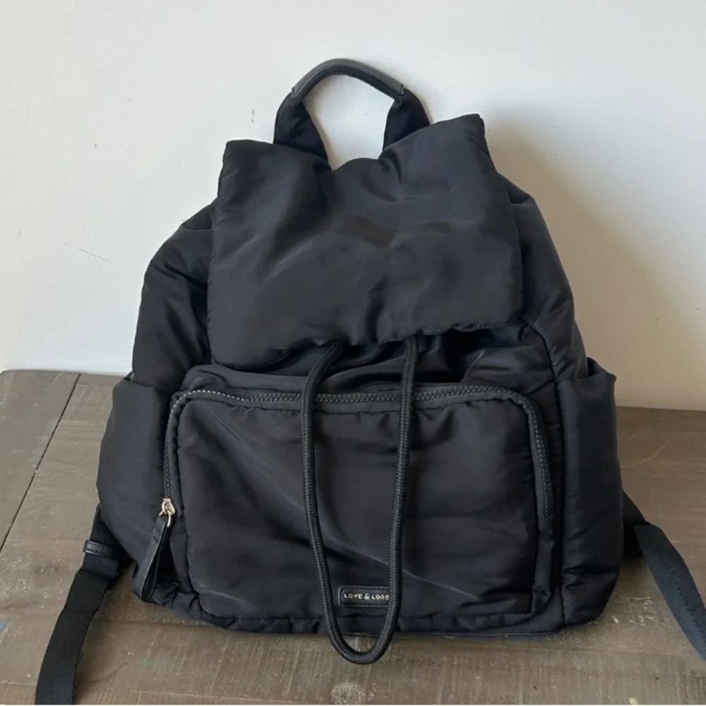 Love & Lore Black Puffer Backpack with Front Zip Pocket